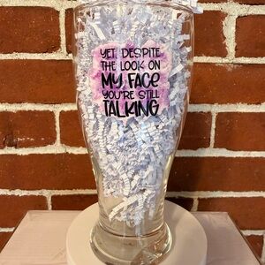 Clear Glass Tumbler with Pink, Purple and Black Text